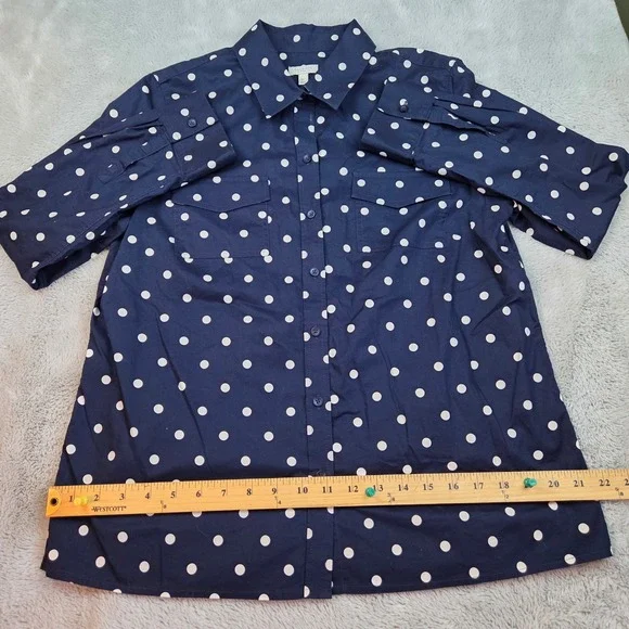 Talbots Polka Dot Cotton Button Down Shirt Womens MP Navy Blue White - Picture 6 of 6